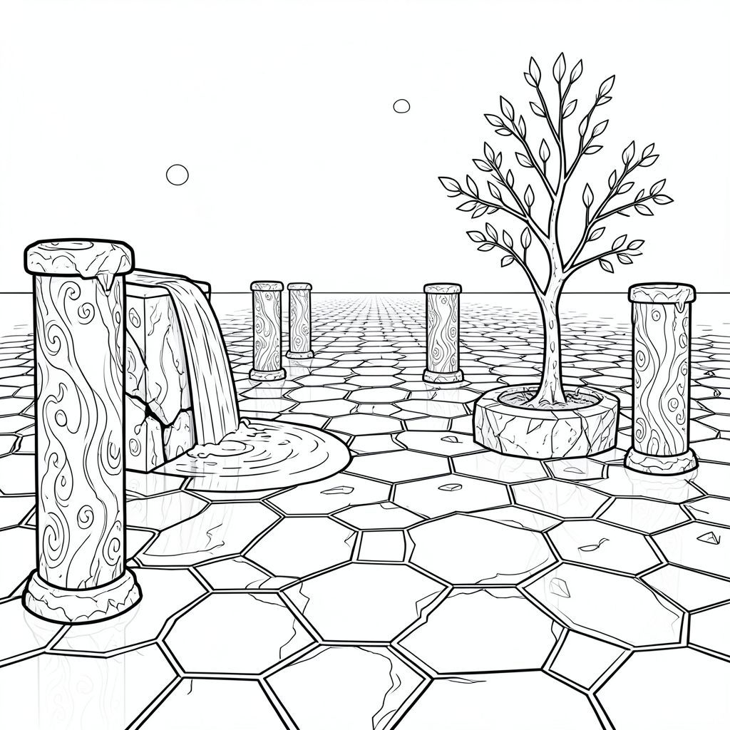 Một quảng trường obsidian rộng lớn, bóng bẩy trải dài vô tận dưới bầu trời chạng vạng vĩnh viễn. Quảng trường bao gồm các viên gạch hình lục giác, lồng vào nhau, mỗi viên phản chiếu sự mờ nhạt, trong vô số lăng kính thu nhỏ. Rải rác trên bề mặt là những cột bazan phủ đầy rêu, được căn chỉnh hoàn hảo, bề mặt của chúng có kết cấu tinh tế với các hoa văn xoáy. Một thác nước kết tinh duy nhất đổ xuống một bên, tụ lại trong một lưu vực nông ở chân của nó. Nước chảy theo nhịp điệu chậm, có chủ ý, tạo ra những gợn sóng nhỏ trên những viên gạch được đánh bóng. Quảng trường không có bất kỳ thảm thực vật nào, ngoại trừ một cây bạch dương duy nhất, được hình thành hoàn hảo, mọc từ một vết nứt ở gốc cột. Cây non non đáng kể, lá của nó , gần như sáng . Ấn tượng tổng thể là một trong những tĩnh lặng thanh bình, cổ kính, tắm trong sự mát mẻ, khuếch tán, trang màu, nghệ thuật đường nét, nền trắng