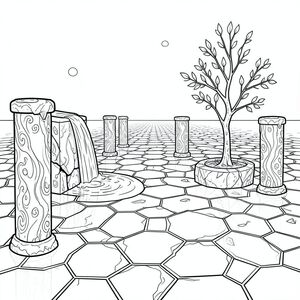 Một quảng trường obsidian rộng lớn, bóng bẩy trải dài vô tận dưới bầu trời chạng vạng vĩnh viễn. Quảng trường bao gồm các viên gạch hình lục giác, lồng vào nhau, mỗi viên phản chiếu sự mờ nhạt, trong vô số lăng kính thu nhỏ. Rải rác trên bề mặt là những cột bazan phủ đầy rêu, được căn chỉnh hoàn hảo, bề mặt của chúng có kết cấu tinh tế với các hoa văn xoáy. Một thác nước kết tinh duy nhất đổ xuống một bên, tụ lại trong một lưu vực nông ở chân của nó. Nước chảy theo nhịp điệu chậm, có chủ ý, tạo ra những gợn sóng nhỏ trên những viên gạch được đánh bóng. Quảng trường không có bất kỳ thảm thực vật nào, ngoại trừ một cây bạch dương duy nhất, được hình thành hoàn hảo, mọc từ một vết nứt ở gốc cột. Cây non non đáng kể, lá của nó , gần như sáng . Ấn tượng tổng thể là một trong những tĩnh lặng thanh bình, cổ kính, tắm trong sự mát mẻ, khuếch tán, trang màu, nghệ thuật đường nét, nền trắng