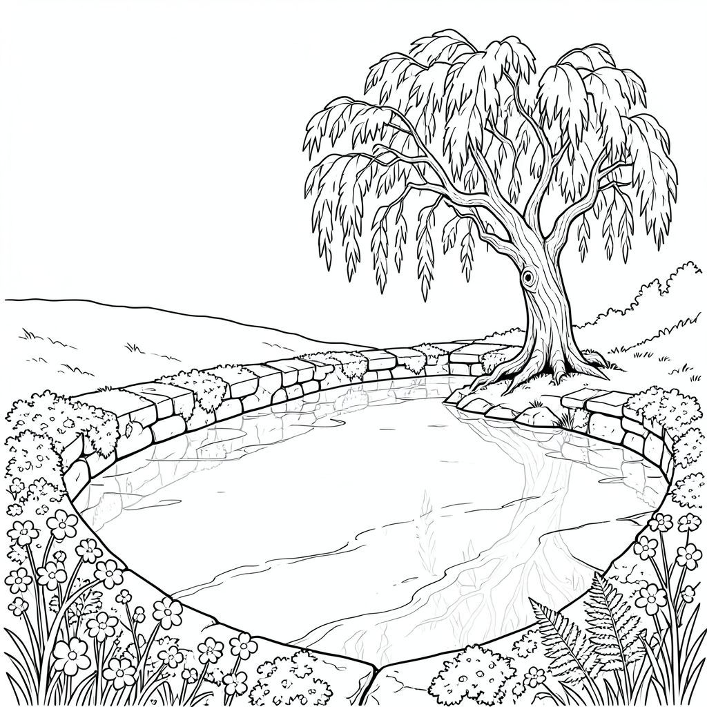 Khung cảnh là một vùng đá bazan được đánh bóng rộng lớn, bóng bẩy, phản chiếu một dòng sông thủy ngân lỏng chuyển động chậm. Đá bazan là một , rêu phong , có kết cấu tinh tế với các đường vân . Một cây liễu cổ xưa, xù xì, cành vươn lên trời như những ngón tay xương, thống trị bờ xa. Sông thủy ngân chảy đều đặn, tạo nên một bề mặt hoàn hảo, không bị phá vỡ. Lá liễu là một , mượt như nhung , bắt người mờ . Đá bazan mịn màng hoàn hảo, phản chiếu ánh sáng của thủy ngân trong một điệu nhảy đầy mê hoặc. Khung cảnh được bao quanh bởi một bức tường đá thấp, hình vòm, được bao phủ bởi địa y và những bông hoa dại nhỏ, được hình thành hoàn hảo - những loài dương xỉ quên và mỏng manh. Ấn tượng tổng thể là một trong những quan sát yên tĩnh, vượt thời gian., trang màu, nghệ thuật đường nét, nền trắng