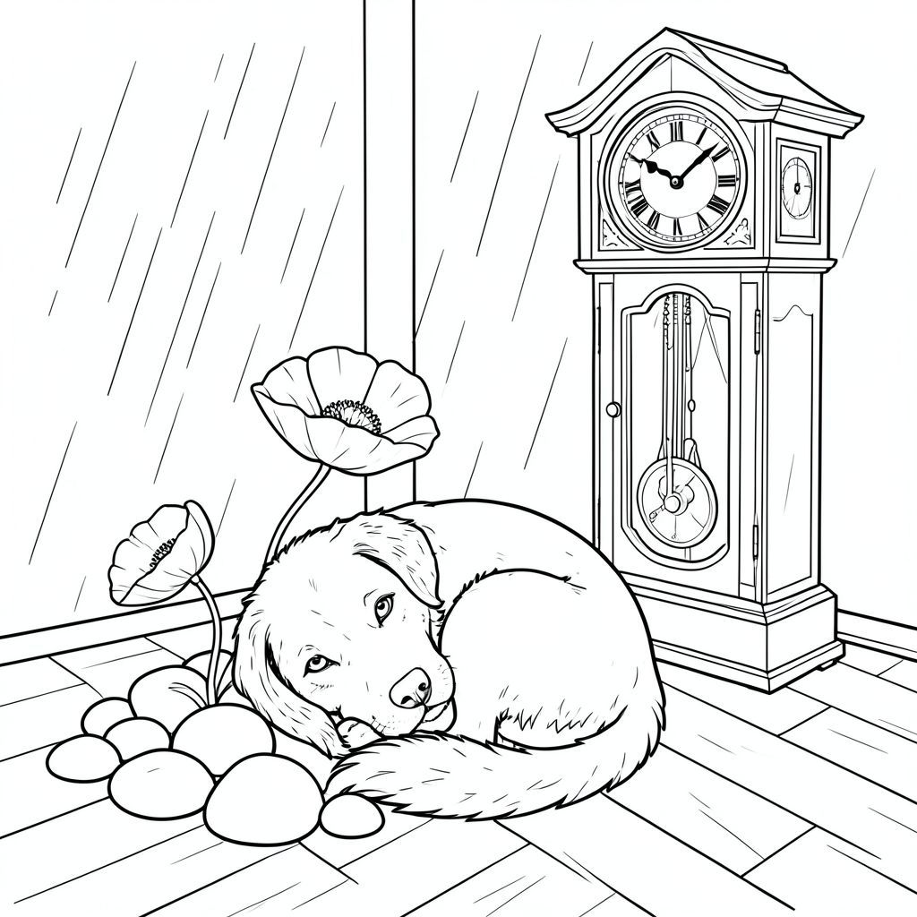 Mưa rơi chậm, vệt trên sàn gỗ bóng bẩy. Một chiếc đồng hồ cổ khổng lồ duy nhất đứng ở góc, con lắc của nó đóng băng giữa chừng, tạo ra một hình chữ nhật rõ ràng trên một bộ sưu tập nhỏ được sắp xếp tỉ mỉ của những viên đá sông mịn. Một bông hoa anh túc duy nhất, to lớn không thể tưởng tượng được và được hình thành hoàn hảo, nằm nép mình giữa chúng, những cánh hoa của nó hơi xòe ra trong không khí mát mẻ. cuộn tròn thành một vòng tròn chặt chẽ, hoàn hảo, đầu hơi nghiêng, một con mắt thông minh nhìn thẳng vào người xem. Bộ lông là một , sô cô la đậm đà, gần như trong mờ . Đó là một hơi mòn, trang nghiêm, loại mang một sức mạnh thầm lặng., trang màu, nghệ thuật đường nét, nền trắng