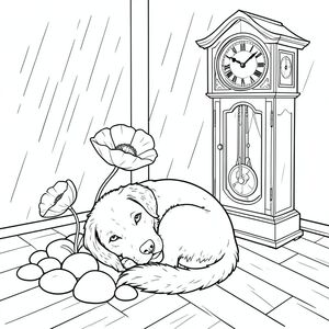 Mưa rơi chậm, vệt trên sàn gỗ bóng bẩy. Một chiếc đồng hồ cổ khổng lồ duy nhất đứng ở góc, con lắc của nó đóng băng giữa chừng, tạo ra một hình chữ nhật rõ ràng trên một bộ sưu tập nhỏ được sắp xếp tỉ mỉ của những viên đá sông mịn. Một bông hoa anh túc duy nhất, to lớn không thể tưởng tượng được và được hình thành hoàn hảo, nằm nép mình giữa chúng, những cánh hoa của nó hơi xòe ra trong không khí mát mẻ. cuộn tròn thành một vòng tròn chặt chẽ, hoàn hảo, đầu hơi nghiêng, một con mắt thông minh nhìn thẳng vào người xem. Bộ lông là một , sô cô la đậm đà, gần như trong mờ . Đó là một hơi mòn, trang nghiêm, loại mang một sức mạnh thầm lặng., trang màu, nghệ thuật đường nét, nền trắng