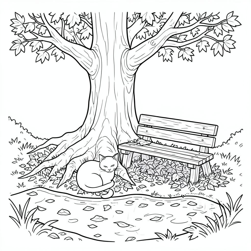 Mưa có mùi rêu ướt và lá thông. Một cây sồi cổ thụ duy nhất thống trị khung cảnh, rễ của nó gồ ghề và dày, nửa chìm trong một hồ nước nông. Ánh sáng mặt trời, bị đứt gãy bởi những chiếc lá, vẽ mặt đất theo các mô hình dịch chuyển của và . Một chiếc ghế gỗ nhỏ, phong hóa nằm bên dưới cây sồi, được bao phủ bởi một lớp lá rụng dày.

Một con mèo, bóng bẩy và trắng như tuyết, cuộn tròn thành một quả bóng nhỏ, hoàn hảo ở gốc cây. Đuôi của nó dài và hơi cong, hướng xuống dưới một cách duyên dáng. Tai của nó được kích hoạt, bắt được . Khuôn mặt của con mèo thanh thản, biểu cảm dịu dàng, gần như buồn ngủ trên khuôn mặt., trang màu, nghệ thuật đường nét, nền trắng