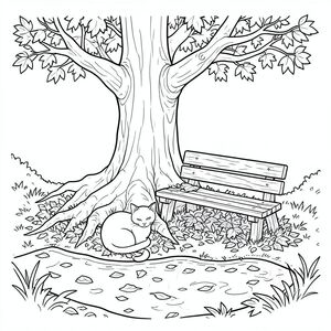 Mưa có mùi rêu ướt và lá thông. Một cây sồi cổ thụ duy nhất thống trị khung cảnh, rễ của nó gồ ghề và dày, nửa chìm trong một hồ nước nông. Ánh sáng mặt trời, bị đứt gãy bởi những chiếc lá, vẽ mặt đất theo các mô hình dịch chuyển của và . Một chiếc ghế gỗ nhỏ, phong hóa nằm bên dưới cây sồi, được bao phủ bởi một lớp lá rụng dày.

Một con mèo, bóng bẩy và trắng như tuyết, cuộn tròn thành một quả bóng nhỏ, hoàn hảo ở gốc cây. Đuôi của nó dài và hơi cong, hướng xuống dưới một cách duyên dáng. Tai của nó được kích hoạt, bắt được . Khuôn mặt của con mèo thanh thản, biểu cảm dịu dàng, gần như buồn ngủ trên khuôn mặt., trang màu, nghệ thuật đường nét, nền trắng