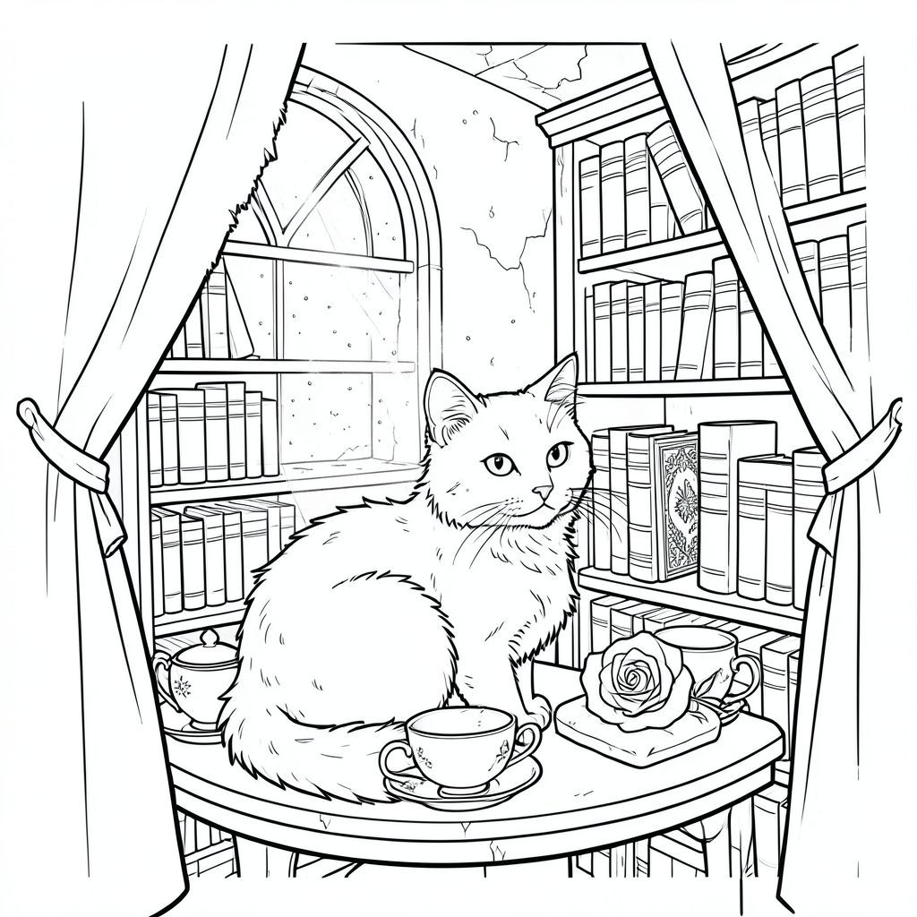 Một con mèo duy nhất, màu trắng như tuyết, cuộn tròn trong một hốc tường có bóng tối, ngồi giữa một bộ sưu tập tách trà sứ cổ được sắp xếp tỉ mỉ.

Hốc tường là một căn phòng nhỏ, hình tròn trong một thư viện lớn, nhưng hơi đổ nát. Ánh trăng chiếu qua một cửa sổ hình vòm duy nhất, chiếu sáng những bụi bặm nhảy múa trong không khí. Các bức tường được lót bằng các giá sách cao chót vót, chủ yếu chứa đầy các tập bìa da, nhưng một số ít nổi bật - một tập sách đặc biệt được trang trí công phu, được đóng bìa hơi nghiêng. Một bông hồng duy nhất, được tạo hình hoàn hảo, một màu sắc, nằm trên một chiếc đệm nhung nhỏ bên cạnh con mèo. Bộ lông của mèo hơi xù, màu trắng kem, và đôi mắt của nó có vẻ đáng kinh ngạc, dữ dội . Nó được định vị sao cho đuôi của nó được uốn cong một cách tinh tế xung quanh mép của một chiếc bàn gần đó, tạo ra một đường cong nhẹ nhàng, bảo vệ. Khung cảnh được đóng khung bởi một bức màn lụa hơi phai màu., trang màu, nghệ thuật đường nét, nền trắng