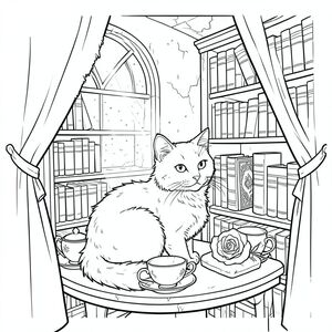 Một con mèo duy nhất, màu trắng như tuyết, cuộn tròn trong một hốc tường có bóng tối, ngồi giữa một bộ sưu tập tách trà sứ cổ được sắp xếp tỉ mỉ.

Hốc tường là một căn phòng nhỏ, hình tròn trong một thư viện lớn, nhưng hơi đổ nát. Ánh trăng chiếu qua một cửa sổ hình vòm duy nhất, chiếu sáng những bụi bặm nhảy múa trong không khí. Các bức tường được lót bằng các giá sách cao chót vót, chủ yếu chứa đầy các tập bìa da, nhưng một số ít nổi bật - một tập sách đặc biệt được trang trí công phu, được đóng bìa hơi nghiêng. Một bông hồng duy nhất, được tạo hình hoàn hảo, một màu sắc, nằm trên một chiếc đệm nhung nhỏ bên cạnh con mèo. Bộ lông của mèo hơi xù, màu trắng kem, và đôi mắt của nó có vẻ đáng kinh ngạc, dữ dội . Nó được định vị sao cho đuôi của nó được uốn cong một cách tinh tế xung quanh mép của một chiếc bàn gần đó, tạo ra một đường cong nhẹ nhàng, bảo vệ. Khung cảnh được đóng khung bởi một bức màn lụa hơi phai màu., trang màu, nghệ thuật đường nét, nền trắng