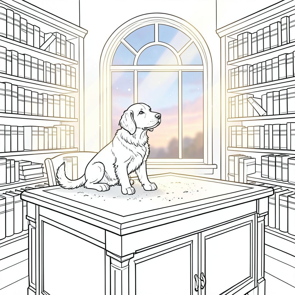Căn phòng là một thư viện được sắp xếp tỉ mỉ, tắm trong ánh sáng ấm áp, khuếch tán của ánh nắng chiều muộn. Những hạt bụi nhảy múa trong các dầm, chiếu sáng các kệ nhồi nhét các tập bìa da. Một chiếc bàn gỗ gụ cổ duy nhất chiếm ưu thế ở giữa, bề mặt của nó được bao phủ bởi một lớp bụi dày không bị xáo trộn.

Một nhỏ bằng gỗ được chạm khắc tinh xảo, một săn mồi, kiên nhẫn ngồi ở giữa bàn, đầu hơi nghiêng như thể đang quan sát căn phòng. Bộ lông của nó có màu trắng kem mềm, và đuôi dài và cong duyên dáng. Đôi mắt của là một sự giật mình, , nắm giữ một trí thông minh lặng lẽ. Nó được đặt hơi bên trái bàn, bàn chân của nó được gấp gọn gàng. Nền là ấn tượng mờ của một cửa sổ cao, hình vòm, đóng khung một bầu trời hơi u ám của màu xanh lam và hồng., trang màu, nghệ thuật đường nét, nền trắng