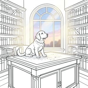 Căn phòng là một thư viện được sắp xếp tỉ mỉ, tắm trong ánh sáng ấm áp, khuếch tán của ánh nắng chiều muộn. Những hạt bụi nhảy múa trong các dầm, chiếu sáng các kệ nhồi nhét các tập bìa da. Một chiếc bàn gỗ gụ cổ duy nhất chiếm ưu thế ở giữa, bề mặt của nó được bao phủ bởi một lớp bụi dày không bị xáo trộn.

Một nhỏ bằng gỗ được chạm khắc tinh xảo, một săn mồi, kiên nhẫn ngồi ở giữa bàn, đầu hơi nghiêng như thể đang quan sát căn phòng. Bộ lông của nó có màu trắng kem mềm, và đuôi dài và cong duyên dáng. Đôi mắt của là một sự giật mình, , nắm giữ một trí thông minh lặng lẽ. Nó được đặt hơi bên trái bàn, bàn chân của nó được gấp gọn gàng. Nền là ấn tượng mờ của một cửa sổ cao, hình vòm, đóng khung một bầu trời hơi u ám của màu xanh lam và hồng., trang màu, nghệ thuật đường nét, nền trắng