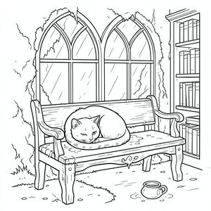 Mưa có mùi rêu và thông ướt. Một chiếc ghế gỗ cổ duy nhất nằm bên dưới một cửa sổ hình vòm khổng lồ trong một thư viện phủ đầy rêu phong. Ánh sáng mặt trời, bị vỡ bởi kính, vẽ căn phòng vào và . Một bình mực nhỏ, bị lật úp nằm trên sàn bên cạnh băng ghế, nhuộm nhung mòn của ghế a, xoáy .

Một con mèo, bóng bẩy và , cuộn tròn thành một tư thế hoàn hảo, hơi sụp xuống. Đuôi của nó dài và thon gọn, uốn cong duyên dáng khi tựa vào bên cạnh băng ghế. Một mắt nhắm nửa nghiền, một ánh mắt dịu dàng, buồn ngủ dán chặt vào một giá sách xa xăm, bóng tối. Con mắt kia mở to và tỉnh táo, một tia sáng nhỏ của trí thông minh trong sâu thẳm của nó. Bộ lông là một, mượt như nhung, bắt với một bóng gần như dầu. Đó là khoảnh khắc tĩnh lặng., trang màu, nghệ thuật đường nét, nền trắng