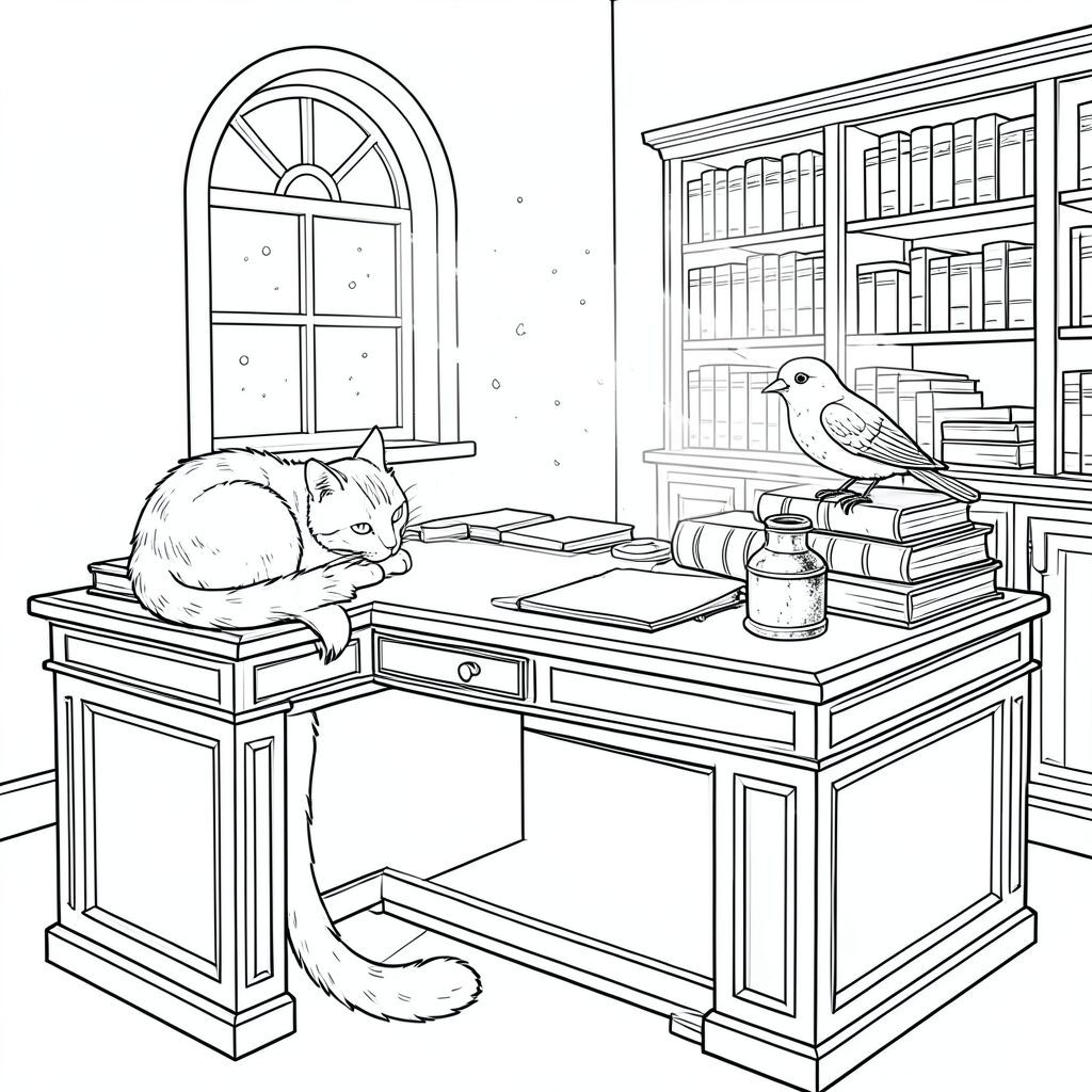 Căn phòng là một phòng làm việc cổ kính, được chiếu sáng nhẹ nhàng. Ánh sáng mặt trời chiếu qua một cửa sổ hình vòm duy nhất, chiếu sáng những hạt bụi nhảy múa trong không khí. Một chiếc bàn gỗ gụ khổng lồ chiếm ưu thế trong không gian, chất đống cao với những cuốn sách bìa da và một lọ mực duy nhất, bị xỉn màu. Một con chim gỗ nhỏ, được chạm khắc tinh xảo đang đậu trên mép bàn, đôi cánh của nó hơi lệch. Con mèo cuộn tròn trong một tư thế hoàn hảo, gần như thiền định, đầu hơi nghiêng, một con mắt duy nhất dán chặt vào một điểm ngay bên ngoài vai người xem. Bộ lông là một , mượt như nhung, và đuôi dài và duyên dáng, thuôn nhọn đến một điểm. Đó là khoảnh khắc tĩnh lặng., trang màu, nghệ thuật đường nét, nền trắng