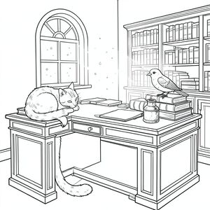 Căn phòng là một phòng làm việc cổ kính, được chiếu sáng nhẹ nhàng. Ánh sáng mặt trời chiếu qua một cửa sổ hình vòm duy nhất, chiếu sáng những hạt bụi nhảy múa trong không khí. Một chiếc bàn gỗ gụ khổng lồ chiếm ưu thế trong không gian, chất đống cao với những cuốn sách bìa da và một lọ mực duy nhất, bị xỉn màu. Một con chim gỗ nhỏ, được chạm khắc tinh xảo đang đậu trên mép bàn, đôi cánh của nó hơi lệch. Con mèo cuộn tròn trong một tư thế hoàn hảo, gần như thiền định, đầu hơi nghiêng, một con mắt duy nhất dán chặt vào một điểm ngay bên ngoài vai người xem. Bộ lông là một , mượt như nhung, và đuôi dài và duyên dáng, thuôn nhọn đến một điểm. Đó là khoảnh khắc tĩnh lặng., trang màu, nghệ thuật đường nét, nền trắng
