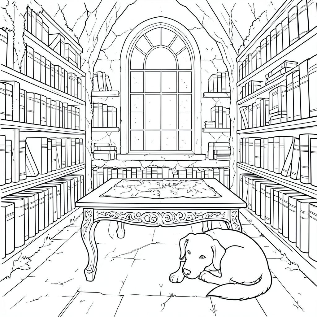 Căn phòng là một hốc tường rêu nắng trong một thư viện cổ kính rộng lớn. Bụi nhảy múa trong bộ lọc qua một cửa sổ hình vòm duy nhất phía trên, chiếu sáng một bộ sưu tập sách bìa da khổng lồ. Một chiếc bàn gỗ nhỏ, được chạm khắc tinh xảo nằm ở trung tâm, được bao phủ bởi một tấm bản đồ duy nhất, mờ nhạt của một khu rừng bị lãng quên. 

Một trắng bóng bẩy, màu tuyết mới, nằm cuộn tròn ở mép bàn, đầu tựa nhẹ nhàng trên bàn chân. Đuôi của nó hơi cong lại, một đường cong tinh tế của sự mãn nguyện. Nó là một màu trắng nguyên sơ, gần như trong , đôi mắt của nó một cách đáng kinh ngạc, rõ ràng . Mõm của dài và nhẵn, một sọc trắng mỏng manh chạy dọc theo mõm. Đó là một bức chân dung của sự tĩnh lặng yên tĩnh, một ngọn hải đăng nhỏ, hoàn hảo của hòa bình., trang màu, nghệ thuật đường nét, nền trắng