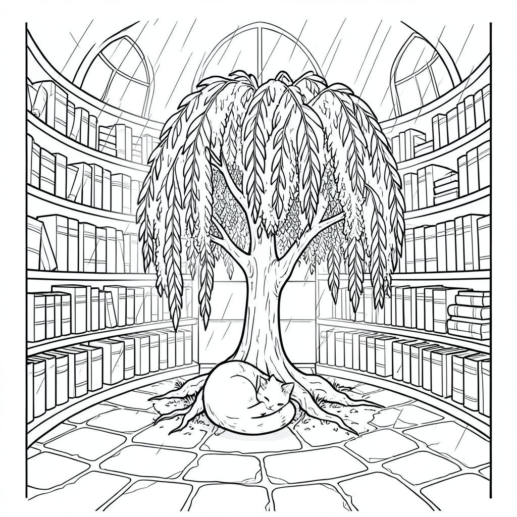 Mưa rơi chậm, vệt trên sàn đá bóng loáng, phủ đầy rêu. Ánh sáng mặt trời chiếu vào những chùm tia đứt gãy từ một cửa sổ hình vòm duy nhất trên cao, chiếu sáng một căn phòng nhỏ, hình tròn chứa đầy những cuốn sách cổ. Một cây liễu duy nhất, được hình thành hoàn hảo nằm ở trung tâm, cành của nó được phủ một lớp ren mỏng manh. Con mèo cuộn tròn thành một quả bóng chặt, nép mình giữa rễ cây, bộ lông trắng của nó lấp lánh nhẹ nhàng trong . Đó là một con nhỏ, mướp, đuôi quấn gọn gàng quanh bàn chân, trông hoàn toàn mãn nguyện., tô màu, nghệ thuật đường nét, nền trắng