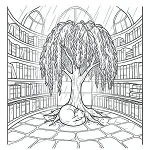 Mưa rơi chậm, vệt trên sàn đá bóng loáng, phủ đầy rêu. Ánh sáng mặt trời chiếu vào những chùm tia đứt gãy từ một cửa sổ hình vòm duy nhất trên cao, chiếu sáng một căn phòng nhỏ, hình tròn chứa đầy những cuốn sách cổ. Một cây liễu duy nhất, được hình thành hoàn hảo nằm ở trung tâm, cành của nó được phủ một lớp ren mỏng manh. Con mèo cuộn tròn thành một quả bóng chặt, nép mình giữa rễ cây, bộ lông trắng của nó lấp lánh nhẹ nhàng trong . Đó là một con nhỏ, mướp, đuôi quấn gọn gàng quanh bàn chân, trông hoàn toàn mãn nguyện., tô màu, nghệ thuật đường nét, nền trắng
