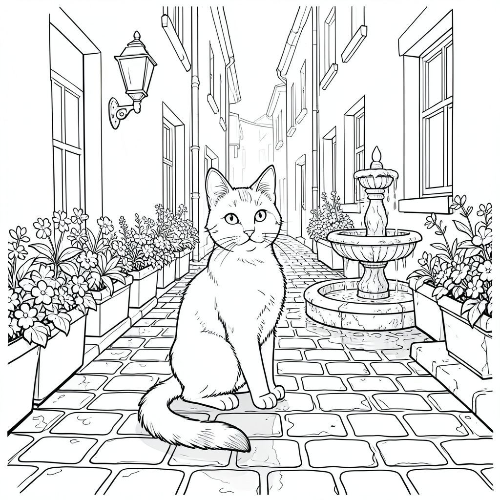 Những viên đá cuội bóng mưa phản chiếu ánh sáng mờ nhạt của một ngọn đèn cổ duy nhất. Một con hẻm hẹp, vĩnh viễn bị che khuất, trải dài ra xa, lót bằng những hộp hoa tràn ngập. Một đài phun nước bằng đá phủ đầy rêu nằm ở rìa con hẻm, nước của nó đóng băng trong một điệu nhảy chậm rãi.

Một con mèo, bóng bẩy và trầm tư, ngồi đậu trên một phần hơi nhô lên của đá cuội. Bộ lông của nó là một , phong phú, mờ dần để ấm áp trên bụng của nó. Đuôi của nó dài và hơi cong, được giữ duyên dáng như thể trong tư thế quan sát vĩnh viễn. Một bên tai liên tục nghiêng lên trên, như thể đang lắng nghe một bí mật. Đôi mắt của con mèo là một trang tô màu đáng kinh ngạc, thông minh, nghệ thuật đường nét, nền trắng