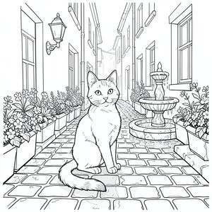 Những viên đá cuội bóng mưa phản chiếu ánh sáng mờ nhạt của một ngọn đèn cổ duy nhất. Một con hẻm hẹp, vĩnh viễn bị che khuất, trải dài ra xa, lót bằng những hộp hoa tràn ngập. Một đài phun nước bằng đá phủ đầy rêu nằm ở rìa con hẻm, nước của nó đóng băng trong một điệu nhảy chậm rãi.

Một con mèo, bóng bẩy và trầm tư, ngồi đậu trên một phần hơi nhô lên của đá cuội. Bộ lông của nó là một , phong phú, mờ dần để ấm áp trên bụng của nó. Đuôi của nó dài và hơi cong, được giữ duyên dáng như thể trong tư thế quan sát vĩnh viễn. Một bên tai liên tục nghiêng lên trên, như thể đang lắng nghe một bí mật. Đôi mắt của con mèo là một trang tô màu đáng kinh ngạc, thông minh, nghệ thuật đường nét, nền trắng