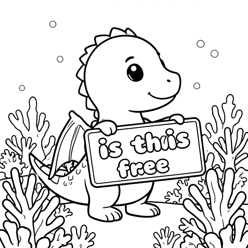 Ảnh chụp hồ sơ của một con rồng thân thiện, cầm tấm biển "có miễn phí không" được viết bằng chữ bong bóng trắng, trong hồ sơ, trong vương quốc rạn san hô dưới nước, theo phong cách chibi
