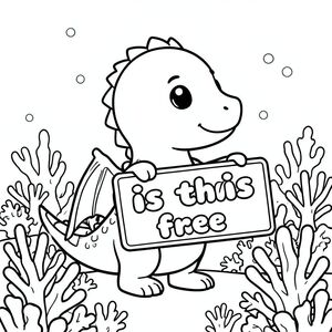 Ảnh chụp hồ sơ của một con rồng thân thiện, cầm tấm biển "có miễn phí không" được viết bằng chữ bong bóng trắng, trong hồ sơ, trong vương quốc rạn san hô dưới nước, theo phong cách chibi