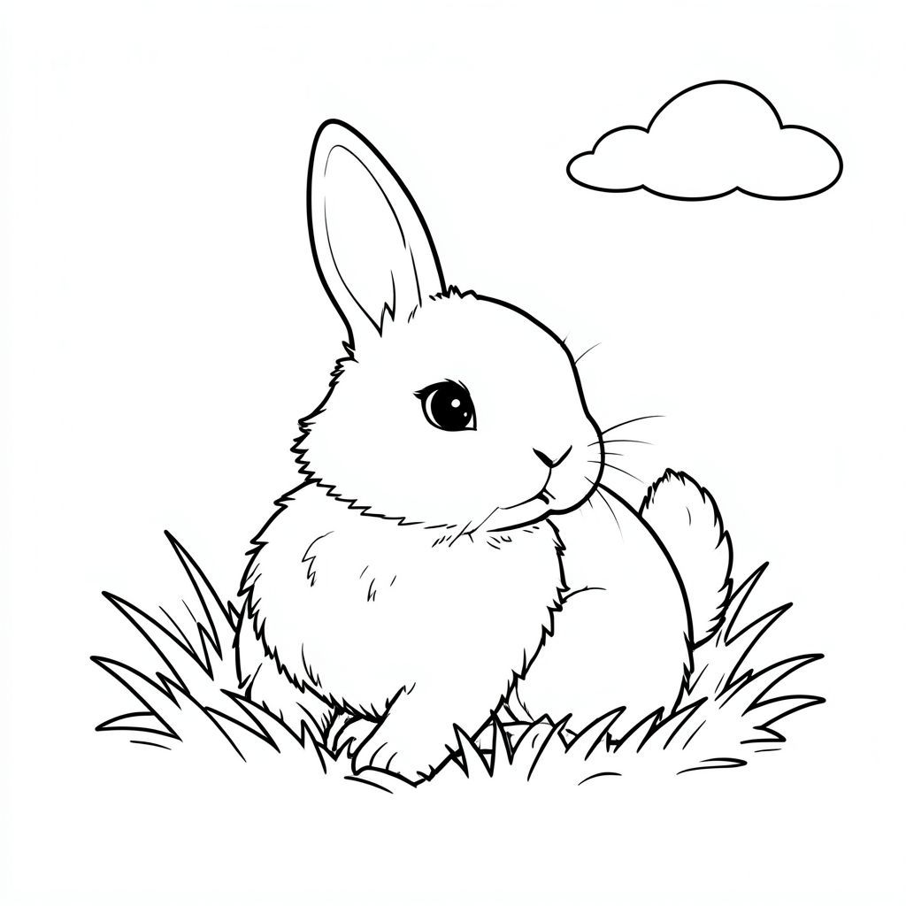 Một con thỏ trắng nhỏ, lông tơ ngồi nép mình trong một mảng cỏ. Một tia nắng duy nhất, hoàn hảo chiếu sáng bộ lông của nó, tỏa ra ánh sáng dịu dàng trên khuôn mặt của nó. Một đám mây nhỏ, hơi cong lười biếng trôi dạt ở hậu cảnh, hầu như không nhìn thấy. Đuôi thỏ hơi cong, hướng lên trên. Cỏ hơi mờ, tạo hiệu ứng mềm mại, mơ màng., tô màu, line art, nền trắng