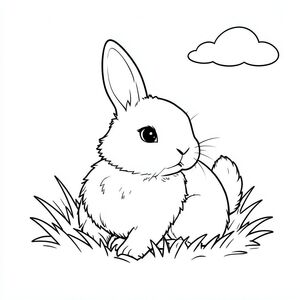 Một con thỏ trắng nhỏ, lông tơ ngồi nép mình trong một mảng cỏ. Một tia nắng duy nhất, hoàn hảo chiếu sáng bộ lông của nó, tỏa ra ánh sáng dịu dàng trên khuôn mặt của nó. Một đám mây nhỏ, hơi cong lười biếng trôi dạt ở hậu cảnh, hầu như không nhìn thấy. Đuôi thỏ hơi cong, hướng lên trên. Cỏ hơi mờ, tạo hiệu ứng mềm mại, mơ màng., tô màu, line art, nền trắng