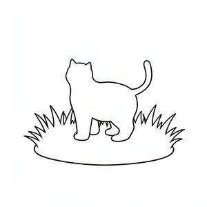 Một mảng cỏ nhỏ, đầy nắng. Một hình bóng duy nhất, hình bóng của một con mèo được căn giữa., trang màu, nghệ thuật đường nét, nền trắng