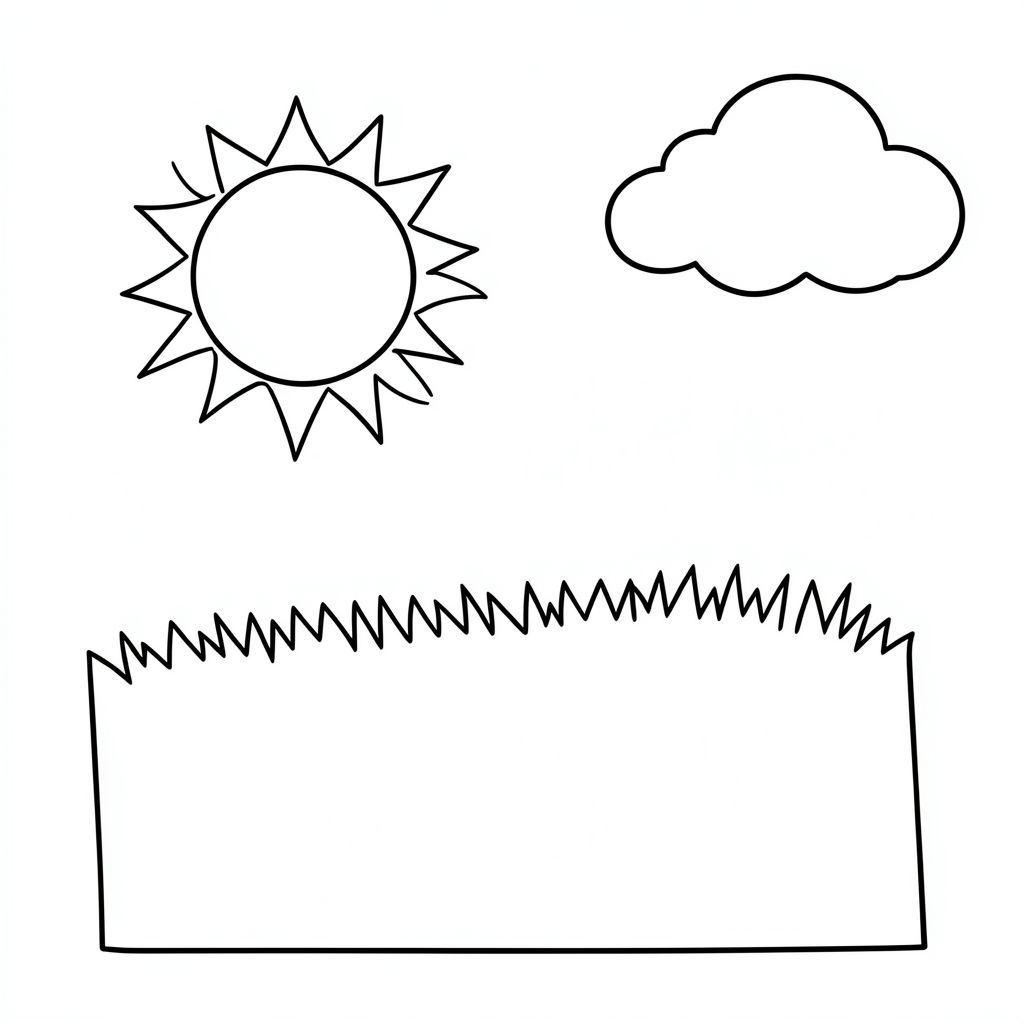 Một cánh đồng cỏ nhỏ. Một mặt trời duy nhất nằm hơi bên trái trung tâm. Một đám mây mềm, phồng ở góc trên bên phải. Một hình chữ nhật đơn giản, hơi nghiêng - một mảng cỏ - chiếm nửa dưới của . Cỏ là một, đồng nhất., trang màu, nghệ thuật đường nét, nền trắng