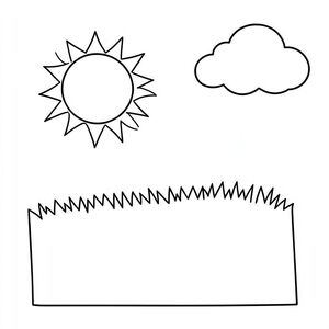 Một cánh đồng cỏ nhỏ. Một mặt trời duy nhất nằm hơi bên trái trung tâm. Một đám mây mềm, phồng ở góc trên bên phải. Một hình chữ nhật đơn giản, hơi nghiêng - một mảng cỏ - chiếm nửa dưới của . Cỏ là một, đồng nhất., trang màu, nghệ thuật đường nét, nền trắng