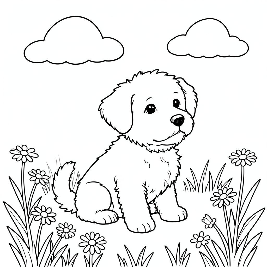 Một nhỏ, lông tơ ngồi trên đồng cỏ ngập tràn ánh nắng. Một đám mây nhẹ nhàng trôi trên đầu. Đầu của ở giữa, hơi hướng về bên phải. Đuôi của nó hơi cong lại. Đồng cỏ tràn ngập một vài bông hoa dại rải rác - một vài bông hoa cúc. Nền là một lớp mềm mại, hơi mờ của ., trang màu, nghệ thuật đường nét, nền trắng