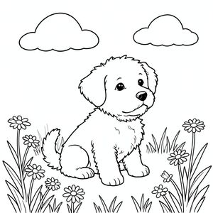 Một nhỏ, lông tơ ngồi trên đồng cỏ ngập tràn ánh nắng. Một đám mây nhẹ nhàng trôi trên đầu. Đầu của ở giữa, hơi hướng về bên phải. Đuôi của nó hơi cong lại. Đồng cỏ tràn ngập một vài bông hoa dại rải rác - một vài bông hoa cúc. Nền là một lớp mềm mại, hơi mờ của ., trang màu, nghệ thuật đường nét, nền trắng