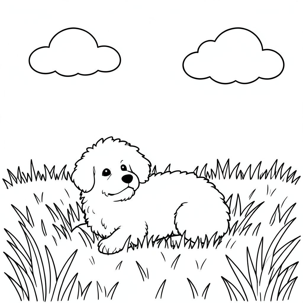 A, đồng cỏ đầy nắng trải dài. Một trắng lông tơ đơn lẻ đang nép mình trong cỏ, đầu hơi nghiêng như thể nhìn lên bầu trời. Cỏ nhẹ nhàng, mờ . Một đám mây nhỏ, phồng trôi lười biếng ở hậu cảnh. Thành phần cân bằng, với ở giữa và hơi lệch tâm. Khung cảnh yên bình và thanh bình., trang màu, nghệ thuật đường nét, nền trắng