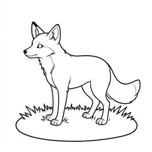Một con cáo duy nhất, đứng trên một bãi cỏ., tô màu, nghệ thuật đường nét, nền trắng
