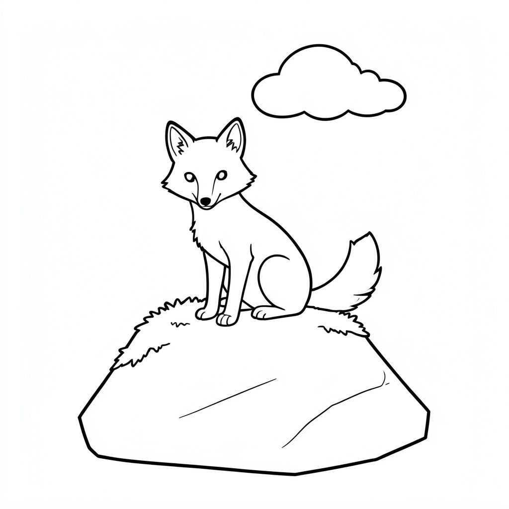 Một con cáo đơn lẻ ngồi trên một tảng đá rêu phong. Một đám mây nhỏ trôi dạt phía trên. Một tảng đá duy nhất, hơi nghiêng tạo thành cơ sở., trang màu, nghệ thuật đường nét, nền trắng