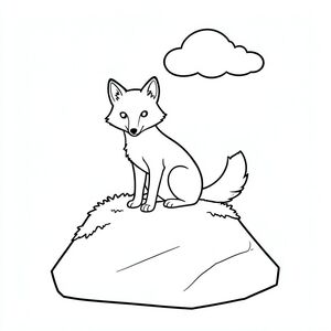 Một con cáo đơn lẻ ngồi trên một tảng đá rêu phong. Một đám mây nhỏ trôi dạt phía trên. Một tảng đá duy nhất, hơi nghiêng tạo thành cơ sở., trang màu, nghệ thuật đường nét, nền trắng
