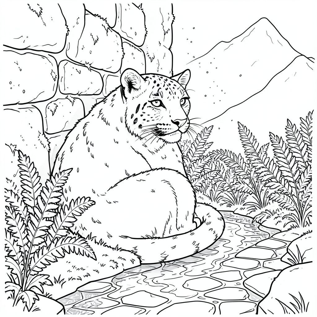 Một con báo tuyết đơn độc, cuộn tròn chặt vào bức tường đá phủ đầy rêu, ngồi tắm trong một luồng ánh sáng mặt trời duy nhất.

Bức tường được xây dựng bằng đá đẽo thô, một phần bị che khuất bởi một mớ dương xỉ dày. Một dòng suối nhỏ, nhỏ giọt, chỉ rộng hơn một ngón tay, uốn lượn trên sàn nhà, phản chiếu trong một bức tranh khảm. Bụi nhảy múa dưới ánh nắng mặt trời, chiếu sáng bộ lông bóng bẩy của báo tuyết. Đuôi dài, thanh lịch của nó được quấn lỏng lẻo quanh tường, tạo ra một mỏ neo tinh tế. Khuôn mặt của con báo tuyết là một chiếc mặt nạ của sự chiêm ngưỡng tĩnh lặng, đôi mắt của nó - những vũng nước - dán chặt vào một đỉnh núi sương mù xa xăm. Đá hơi ẩm, bám vào lông báo, tô màu, nghệ thuật đường nét, nền trắng