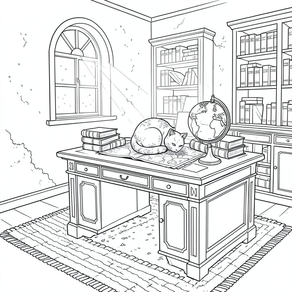 Căn phòng là một phòng làm việc cổ kính, được chiếu sáng nhẹ nhàng. Ánh sáng mặt trời chiếu qua một cửa sổ hình vòm duy nhất, chiếu sáng những hạt bụi nhảy múa trong không khí. Một chiếc bàn gỗ gụ khổng lồ chiếm ưu thế ở giữa, được bao phủ bởi những cuốn sách bìa da và một bức tượng mèo bằng sứ duy nhất, được đặt hoàn hảo. Con mèo cuộn tròn thành một quả bóng chặt, nép mình giữa một đống bản đồ cổ, đuôi của nó quấn quanh một chiếc đệm thêu đã phai màu. Một quả địa cầu nhỏ nằm bên cạnh nó, bề mặt của nó phản chiếu . Các bức tường là một , rêu phong và một tấm thảm dày, khâu tay bao phủ sàn nhà., trang màu, nghệ thuật đường nét, nền trắng