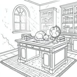 Căn phòng là một phòng làm việc cổ kính, được chiếu sáng nhẹ nhàng. Ánh sáng mặt trời chiếu qua một cửa sổ hình vòm duy nhất, chiếu sáng những hạt bụi nhảy múa trong không khí. Một chiếc bàn gỗ gụ khổng lồ chiếm ưu thế ở giữa, được bao phủ bởi những cuốn sách bìa da và một bức tượng mèo bằng sứ duy nhất, được đặt hoàn hảo. Con mèo cuộn tròn thành một quả bóng chặt, nép mình giữa một đống bản đồ cổ, đuôi của nó quấn quanh một chiếc đệm thêu đã phai màu. Một quả địa cầu nhỏ nằm bên cạnh nó, bề mặt của nó phản chiếu . Các bức tường là một , rêu phong và một tấm thảm dày, khâu tay bao phủ sàn nhà., trang màu, nghệ thuật đường nét, nền trắng