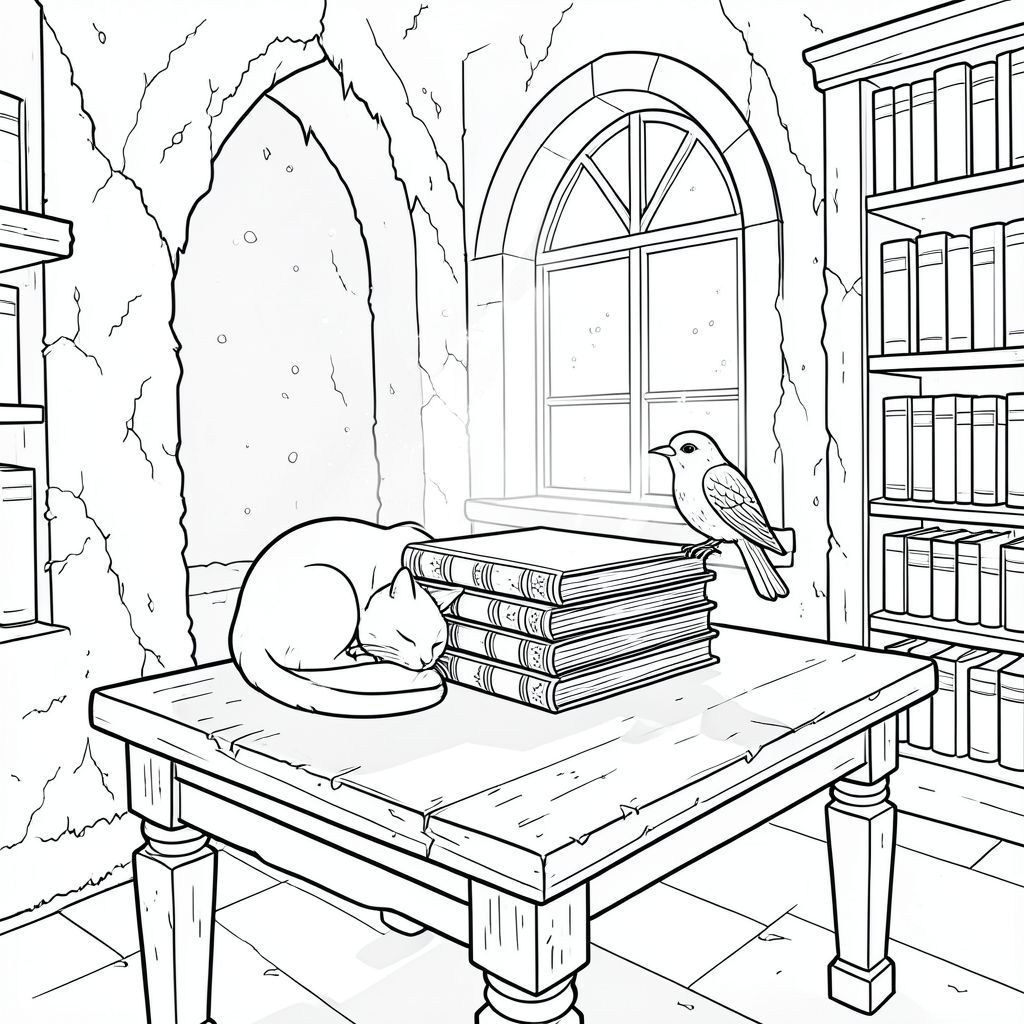 Căn phòng là một hốc tường được chiếu sáng dịu nhẹ, phủ đầy rêu trong một thư viện cổ kính rộng lớn. Ánh sáng mặt trời lọc qua một cửa sổ hình vòm duy nhất, chiếu sáng những hạt bụi nhảy múa trong không khí và đổ bóng dài, hình chữ nhật trên một chiếc bàn gỗ gụ cũ nát. Một chồng sách bìa da duy nhất, được tạo hình hoàn hảo nằm ở giữa bàn, gai của chúng mờ dần theo tuổi tác. Một con chim gỗ nhỏ, được chạm khắc phức tạp, đậu trên mép của một cuốn sách, bắt được . Con mèo cuộn tròn trong một tư thế chặt chẽ, gần như thiền định, cơ thể của nó a, đầu của nó là một hình bóng nhọn, bóng bẩy trên nền của bóng tối., trang màu, nghệ thuật đường nét, nền trắng