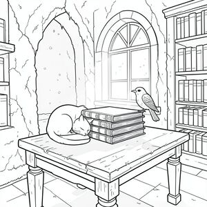 Căn phòng là một hốc tường được chiếu sáng dịu nhẹ, phủ đầy rêu trong một thư viện cổ kính rộng lớn. Ánh sáng mặt trời lọc qua một cửa sổ hình vòm duy nhất, chiếu sáng những hạt bụi nhảy múa trong không khí và đổ bóng dài, hình chữ nhật trên một chiếc bàn gỗ gụ cũ nát. Một chồng sách bìa da duy nhất, được tạo hình hoàn hảo nằm ở giữa bàn, gai của chúng mờ dần theo tuổi tác. Một con chim gỗ nhỏ, được chạm khắc phức tạp, đậu trên mép của một cuốn sách, bắt được . Con mèo cuộn tròn trong một tư thế chặt chẽ, gần như thiền định, cơ thể của nó a, đầu của nó là một hình bóng nhọn, bóng bẩy trên nền của bóng tối., trang màu, nghệ thuật đường nét, nền trắng