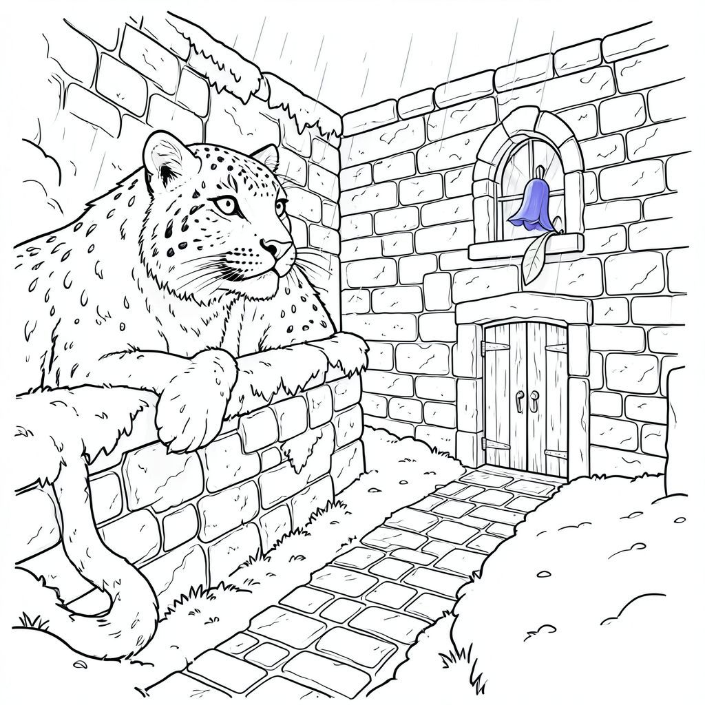 Một con báo tuyết đơn độc, phủ trên một bức tường đá phủ đầy rêu, nhìn ra một khoảng sân trơn mưa.

Sân trong là một thung lũng thu nhỏ, được chế tác tỉ mỉ, được bao quanh bởi những bức tường đá cổ xưa, phong hóa. Một quả chuông xanh óng ánh duy nhất, được hình thành hoàn hảo, tràn ra từ một cửa sổ nhỏ, hình vòm, phản chiếu ánh mưa im lặng. Bản thân viên đá là một , xoáy, có kết cấu tinh tế với các đường gờ nhỏ, gần như không thể nhận thấy. Một con đường hẹp, lát đá cuội uốn lượn qua trung tâm, dẫn đến một cánh cửa gỗ duy nhất, bị phong hóa. Tuyết, một lớp bụi mỏng manh, bám vào tường và lối đi, tạo ra ánh sáng dịu dàng, thanh tao. Bộ lông của con báo có màu trắng băng, nguyên sơ, bắt được những viên kim cương rải rác. Đôi mắt của nó to và thông minh, đáng kinh ngạc, yên tĩnh, trang màu, nghệ thuật đường nét, nền trắng