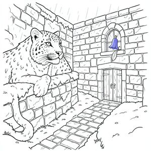 Một con báo tuyết đơn độc, phủ trên một bức tường đá phủ đầy rêu, nhìn ra một khoảng sân trơn mưa.

Sân trong là một thung lũng thu nhỏ, được chế tác tỉ mỉ, được bao quanh bởi những bức tường đá cổ xưa, phong hóa. Một quả chuông xanh óng ánh duy nhất, được hình thành hoàn hảo, tràn ra từ một cửa sổ nhỏ, hình vòm, phản chiếu ánh mưa im lặng. Bản thân viên đá là một , xoáy, có kết cấu tinh tế với các đường gờ nhỏ, gần như không thể nhận thấy. Một con đường hẹp, lát đá cuội uốn lượn qua trung tâm, dẫn đến một cánh cửa gỗ duy nhất, bị phong hóa. Tuyết, một lớp bụi mỏng manh, bám vào tường và lối đi, tạo ra ánh sáng dịu dàng, thanh tao. Bộ lông của con báo có màu trắng băng, nguyên sơ, bắt được những viên kim cương rải rác. Đôi mắt của nó to và thông minh, đáng kinh ngạc, yên tĩnh, trang màu, nghệ thuật đường nét, nền trắng