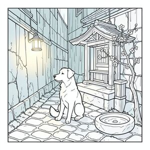 Những cơn mưa đổ xuống một con hẻm hẹp, phủ đầy rêu ở một quận Tokyo cổ kính, yên tĩnh. Một chiếc đèn lồng bằng gỗ duy nhất, bị phong hóa tỏa ra ánh sáng ấm áp trên những viên đá cuội, chiếu sáng một ngôi đền nhỏ, được sắp xếp tỉ mỉ nằm trong một góc bóng tối. Một cành hoa anh đào duy nhất, được tạo hình hoàn hảo, vẫn bám vào tảng đá ẩm, nằm tinh tế bên cạnh một chậu đá nhỏ, nhẵn chứa đầy nước mưa. , một bóng bẩy, ngồi kiên nhẫn ở trung tâm của ngôi đền, đầu hơi nghiêng như thể đang quan sát cơn mưa. Đuôi của nó uốn cong nhẹ nhàng, một đường cong tinh tế gợi lên một khoảnh khắc trầm ngâm. Nền là một bảng màu xanh lam và xanh lá cây trầm lặng, gợi ý viên đá ướt đẫm mưa và không gian bóng tối., trang màu, nghệ thuật đường nét, nền trắng