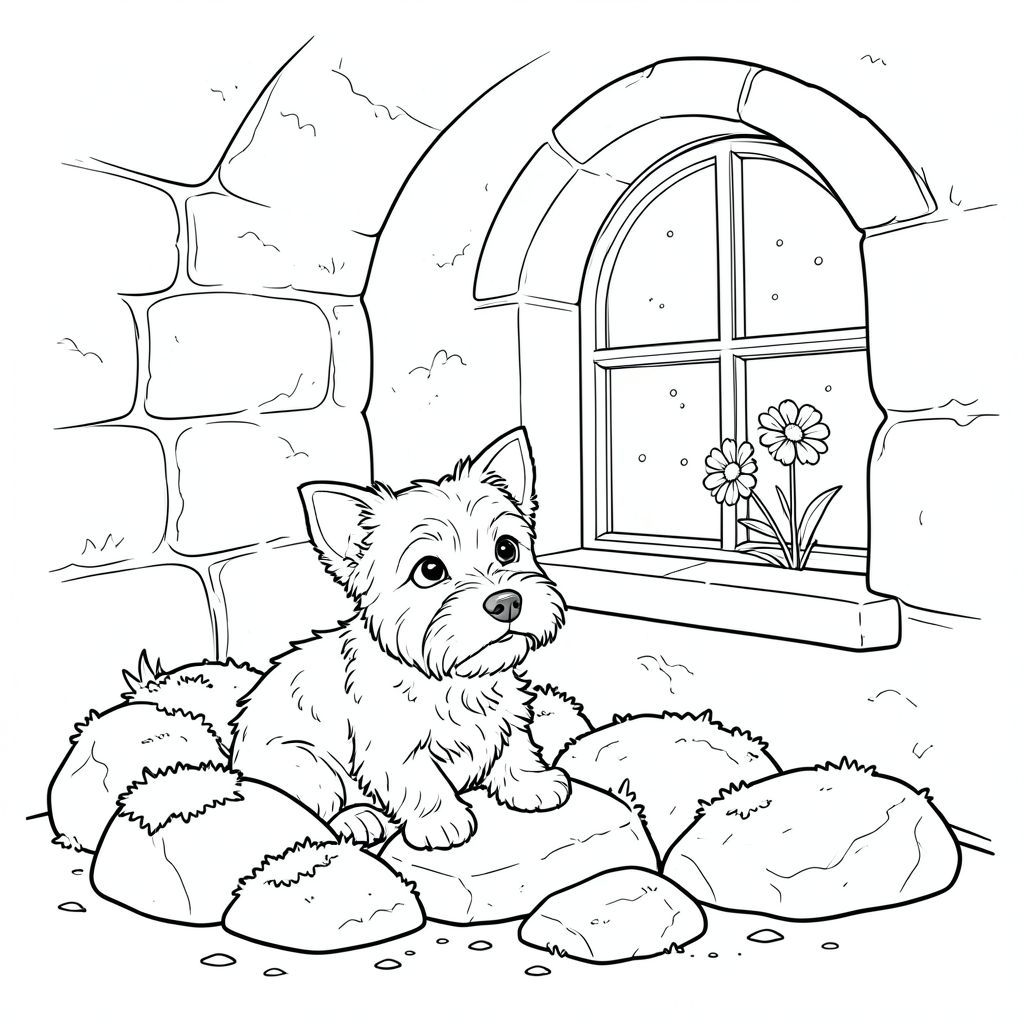 :

Một sục nhỏ, lông tơ nằm nép mình giữa một cụm đá phủ đầy rêu trong một căn phòng ngập nắng, tông màu đất. Căn phòng nhỏ, với trần nhà thấp, hình vòm và một cửa sổ lớn, duy nhất cho phép một cái nhìn nhẹ nhàng, . Những hạt bụi nhảy múa trong không khí, được chiếu sáng bởi ánh sáng ấm áp. sục hơi cong lại, tai hé lên, nhìn về phía cửa sổ với ánh mắt đầy hy vọng, tò mò. Những bức tường đá ấm áp, có kết cấu tinh tế với những đường gờ nhỏ. Một bông hoa dại nhỏ, khô - a - nằm ngay bên ngoài cửa sổ, bắt . Ấn tượng tổng thể là một trong những sự mãn nguyện yên tĩnh và quan sát yên bình., trang màu, nghệ thuật đường nét, nền trắng