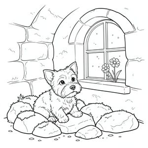 :

Một sục nhỏ, lông tơ nằm nép mình giữa một cụm đá phủ đầy rêu trong một căn phòng ngập nắng, tông màu đất. Căn phòng nhỏ, với trần nhà thấp, hình vòm và một cửa sổ lớn, duy nhất cho phép một cái nhìn nhẹ nhàng, . Những hạt bụi nhảy múa trong không khí, được chiếu sáng bởi ánh sáng ấm áp. sục hơi cong lại, tai hé lên, nhìn về phía cửa sổ với ánh mắt đầy hy vọng, tò mò. Những bức tường đá ấm áp, có kết cấu tinh tế với những đường gờ nhỏ. Một bông hoa dại nhỏ, khô - a - nằm ngay bên ngoài cửa sổ, bắt . Ấn tượng tổng thể là một trong những sự mãn nguyện yên tĩnh và quan sát yên bình., trang màu, nghệ thuật đường nét, nền trắng