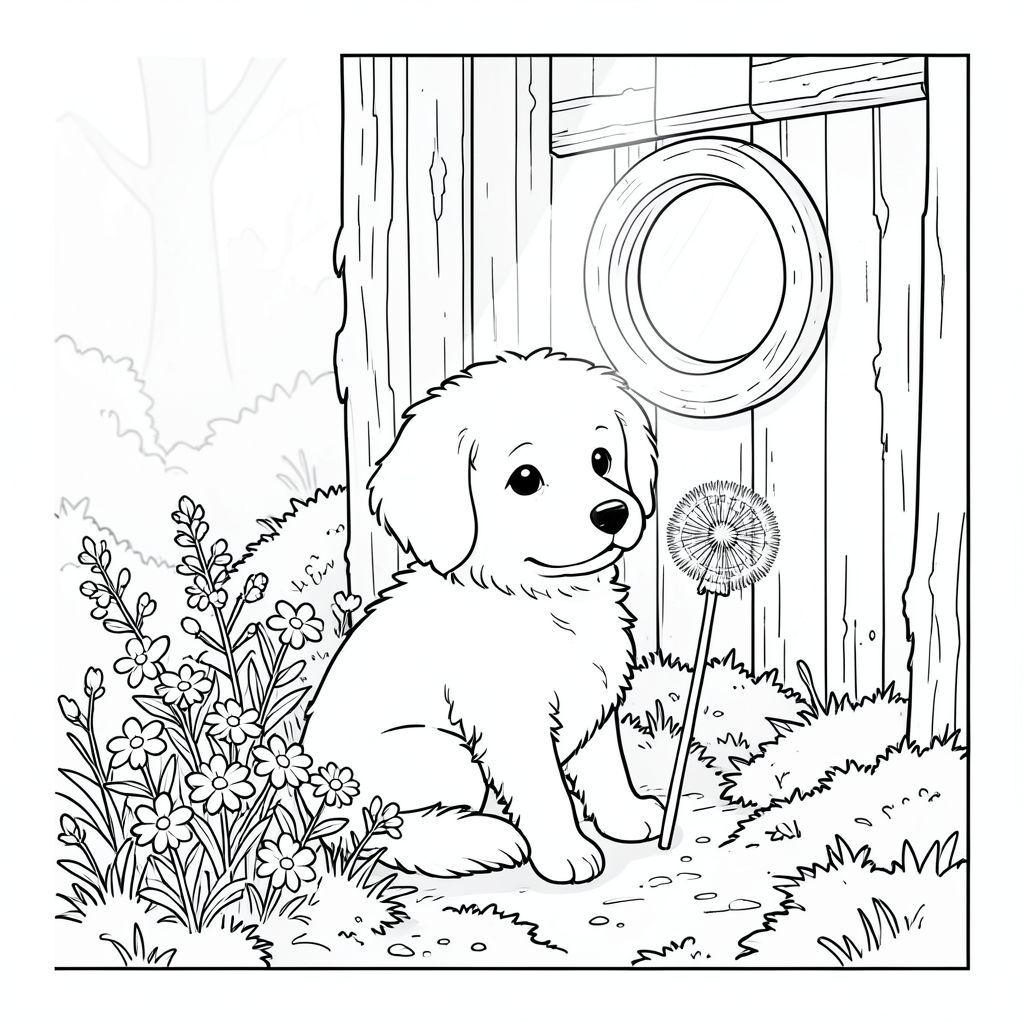 :

Một trắng nhỏ, lông tơ ngồi nép mình giữa một mảng hoa dại trong một góc ngập nắng, rêu phong của một nhà kho bằng gỗ bị phong hóa. Ánh sáng mặt trời chiếu qua một cửa sổ nhỏ, hình tròn, chiếu sáng bộ lông mịn màng và đường cong tinh tế của đuôi chó. Gỗ của nhà kho là một cây ấm áp, -, hơi sứt mẻ theo tuổi tác. Một bông bồ công anh duy nhất, hoàn hảo nằm bên cạnh bàn chân của. Nền là một lớp rêu và đất ẩm ướt mềm mại, mờ nhạt, tạo nên khung cảnh rừng thu nhỏ, yên tĩnh, tô màu, nghệ thuật đường nét, nền trắng