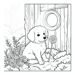 :

Một trắng nhỏ, lông tơ ngồi nép mình giữa một mảng hoa dại trong một góc ngập nắng, rêu phong của một nhà kho bằng gỗ bị phong hóa. Ánh sáng mặt trời chiếu qua một cửa sổ nhỏ, hình tròn, chiếu sáng bộ lông mịn màng và đường cong tinh tế của đuôi chó. Gỗ của nhà kho là một cây ấm áp, -, hơi sứt mẻ theo tuổi tác. Một bông bồ công anh duy nhất, hoàn hảo nằm bên cạnh bàn chân của. Nền là một lớp rêu và đất ẩm ướt mềm mại, mờ nhạt, tạo nên khung cảnh rừng thu nhỏ, yên tĩnh, tô màu, nghệ thuật đường nét, nền trắng