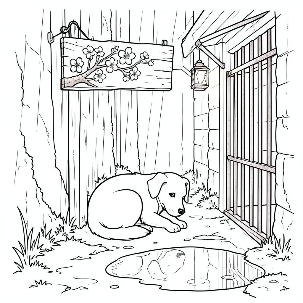 Mưa đổ xuống một con hẻm hẹp, phủ đầy rêu. Một bảng hiệu bằng gỗ cổ duy nhất, mô tả một bông hoa anh đào đang nở, treo cong vẹo phía trên một tấm lưới kim loại rỉ sét. , một bóng bẩy, đang co rúm bên dưới bảng hiệu, đầu nhét vào bàn chân, một con mắt duy nhất, cảnh giác nhìn chằm chằm vào một vũng nước phản chiếu bầu trời. Đuôi của nó được nhét thấp, một đường cong nhẹ phản bội một khoảnh khắc trầm ngâm. Con hẻm được thắp sáng mờ nhạt bởi ánh sáng mờ nhạt của một chiếc đèn lồng treo trên mái hiên gần đó., trang màu, nghệ thuật đường nét, nền trắng