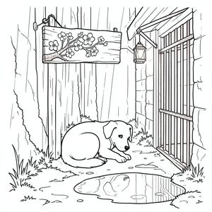 Mưa đổ xuống một con hẻm hẹp, phủ đầy rêu. Một bảng hiệu bằng gỗ cổ duy nhất, mô tả một bông hoa anh đào đang nở, treo cong vẹo phía trên một tấm lưới kim loại rỉ sét. , một bóng bẩy, đang co rúm bên dưới bảng hiệu, đầu nhét vào bàn chân, một con mắt duy nhất, cảnh giác nhìn chằm chằm vào một vũng nước phản chiếu bầu trời. Đuôi của nó được nhét thấp, một đường cong nhẹ phản bội một khoảnh khắc trầm ngâm. Con hẻm được thắp sáng mờ nhạt bởi ánh sáng mờ nhạt của một chiếc đèn lồng treo trên mái hiên gần đó., trang màu, nghệ thuật đường nét, nền trắng