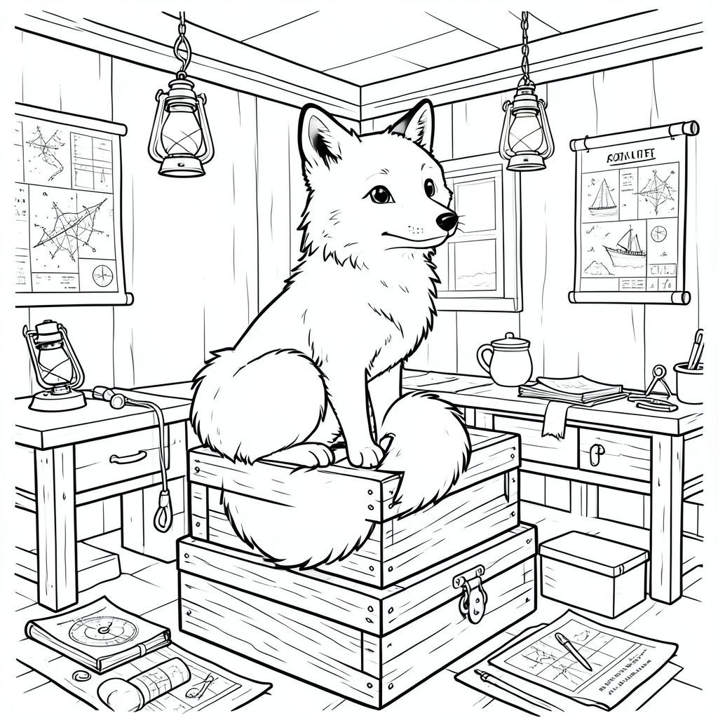 Một con cáo Bắc Cực lông tơ đậu trên một chồng thùng gỗ cổ trong một xưởng của người canh giữ ngọn hải đăng ấm cúng, phủ đầy tuyết. Những chiếc đèn lồng treo trên trần nhà, tạo ra một lớp lông trắng mềm mại, khuếch tán trên bộ lông trắng của con cáo. Các biểu đồ và công cụ điều hướng nằm rải rác xung quanh phòng, gợi ý về cuộc đời hướng dẫn tàu qua vùng nước băng giá. Đuôi cáo uốn cong nhẹ nhàng quanh bàn chân của nó. Các đường nét rõ ràng, sắc nét xác định hình thức, sẵn sàng để tô màu., trang màu, nghệ thuật đường nét, nền trắng