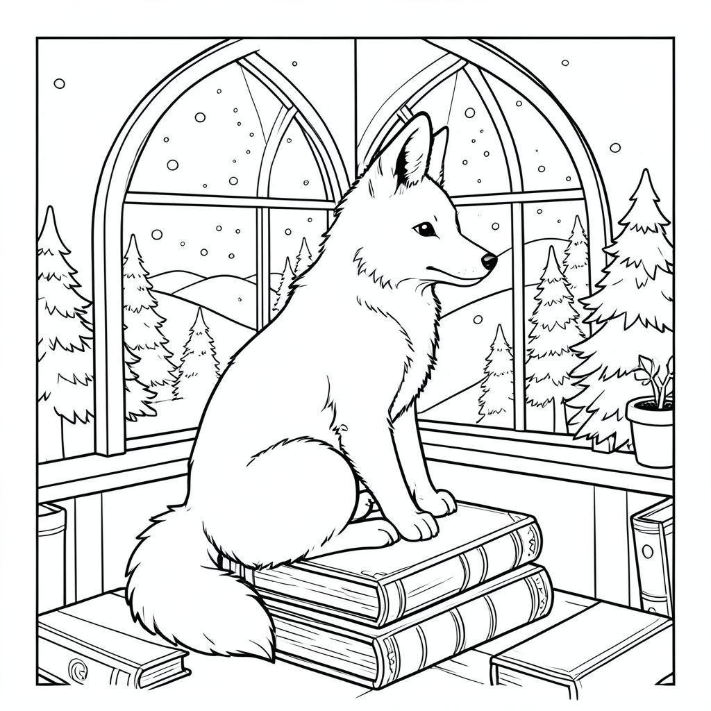 Một con cáo Bắc Cực lông tơ, trắng như tuyết ngồi đậu trên một chồng sách cổ, bìa da. Những cuốn sách được sắp xếp trong một phòng làm việc hình tròn, ấm cúng chứa đầy ấm áp, lọc qua một cửa sổ hình vòm lớn. Bên ngoài cửa sổ, tuyết rơi nhẹ bao phủ khung cảnh của những ngọn đồi thoai thoải và những cây thông phủ sương. Đuôi của con cáo cuộn tròn gọn gàng quanh bàn chân của nó, và tai của nó hướng về phía trước, chăm chú. Những đường nét sạch sẽ, uyển chuyển xác định hình dạng của con cáo và các chi tiết của căn phòng, tạo nên một khung cảnh yên bình và hấp dẫn. Bối cảnh đủ chi tiết để gợi ý một câu chuyện, nhưng vẫn là thứ yếu so với sự hiện diện trung tâm của cáo., trang màu, nghệ thuật đường nét, nền trắng