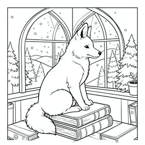 Một con cáo Bắc Cực lông tơ, trắng như tuyết ngồi đậu trên một chồng sách cổ, bìa da. Những cuốn sách được sắp xếp trong một phòng làm việc hình tròn, ấm cúng chứa đầy ấm áp, lọc qua một cửa sổ hình vòm lớn. Bên ngoài cửa sổ, tuyết rơi nhẹ bao phủ khung cảnh của những ngọn đồi thoai thoải và những cây thông phủ sương. Đuôi của con cáo cuộn tròn gọn gàng quanh bàn chân của nó, và tai của nó hướng về phía trước, chăm chú. Những đường nét sạch sẽ, uyển chuyển xác định hình dạng của con cáo và các chi tiết của căn phòng, tạo nên một khung cảnh yên bình và hấp dẫn. Bối cảnh đủ chi tiết để gợi ý một câu chuyện, nhưng vẫn là thứ yếu so với sự hiện diện trung tâm của cáo., trang màu, nghệ thuật đường nét, nền trắng