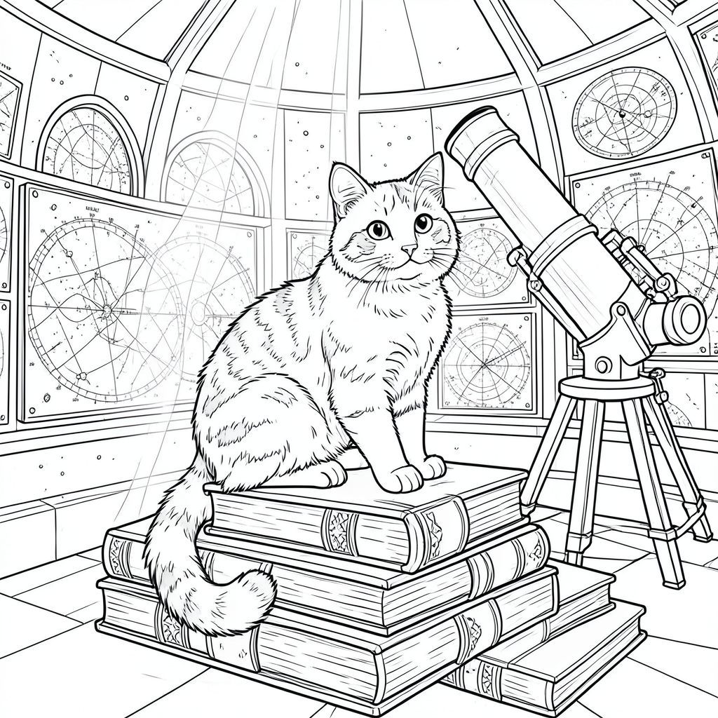 Một con mèo tam thể lông tơ đậu duyên dáng trên một chồng sách cổ, bìa da trong một đài quan sát ấm cúng, ngập tràn ánh nắng. Các bức tường của đài quan sát được lót bằng các biểu đồ thiên thể phức tạp và một kính viễn vọng lớn, được trang trí công phu chiếm ưu thế ở một góc. Những dòng chảy mềm mại qua cửa sổ mái vòm, chiếu sáng những bụi bặm nhảy múa trong không khí và làm nổi bật bộ lông có hoa văn của con mèo. Những cuốn sách chất đống cao, gợi ý một thiên đường yên tĩnh để nghiên cứu và chiêm nghiệm. Đường nét tinh tế xác định hình dạng của con mèo và các chi tiết của nền, tạo ra một khung cảnh thanh bình và hấp dẫn hoàn hảo để tô màu. Đuôi mèo uốn xoăn thanh lịch xung quanh sách, tạo thêm nét quyến rũ vui tươi., tô màu, nghệ thuật đường nét, nền trắng